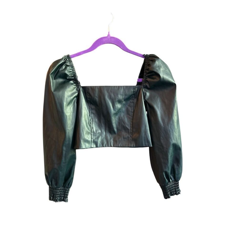 7 For All Mankind Women's green Cropped Faux Leather Top XS